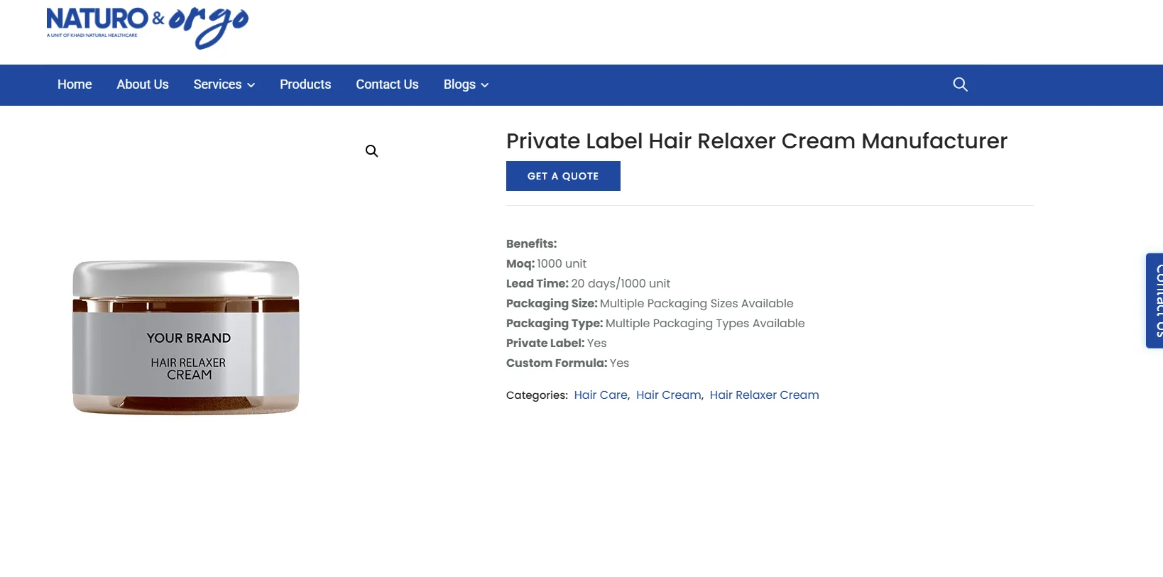 Hair relaxer cream jar labeled 'Your Brand' with product details including MOQ, lead time, packaging, and private label options.